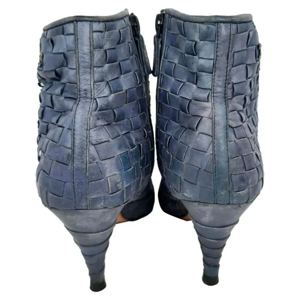 Chanel CC Woven Accent Ankle Boots in Blue Leather